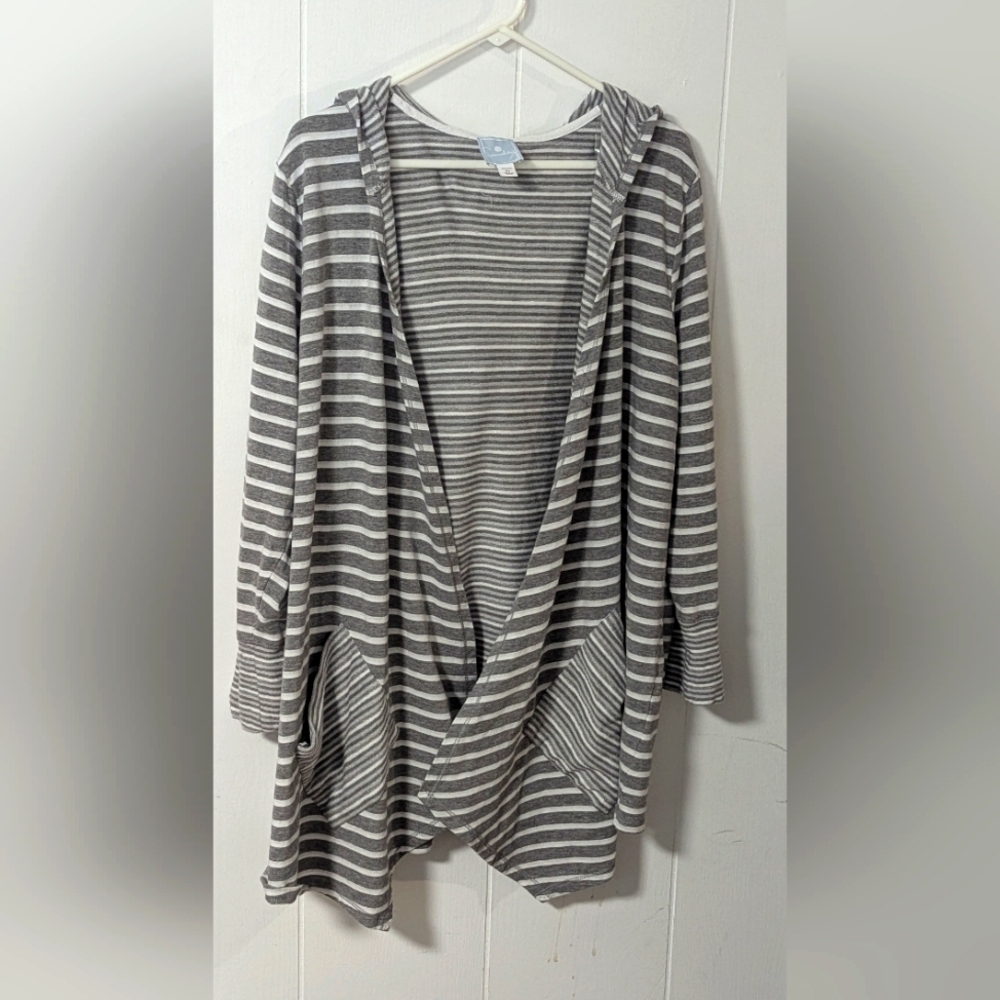 Comfy Gray and White Striped Hooded Cardigan